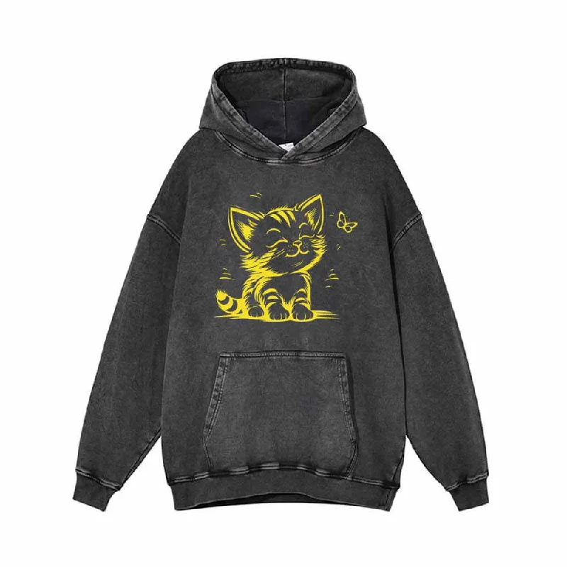 Cute Kitten With Butterfly Vintage Washed Hoodie Hoodie with Pastel Soft Subtle