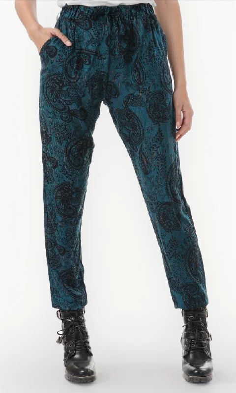 57905 Elastic Waist With Drawstring Summer Pants - Teal Green Comfy Zip-Up Pants