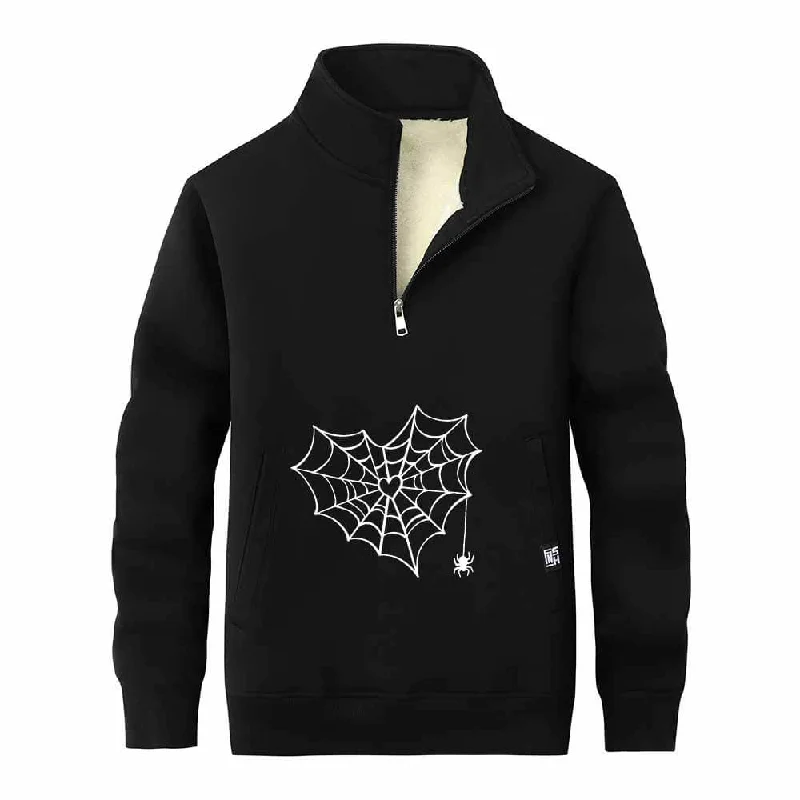 Heart Spiderweb Pattern Stand Collar Zip Fleece Sherpa Sweatshirt Hoodie with Hem Applique Textured Unique