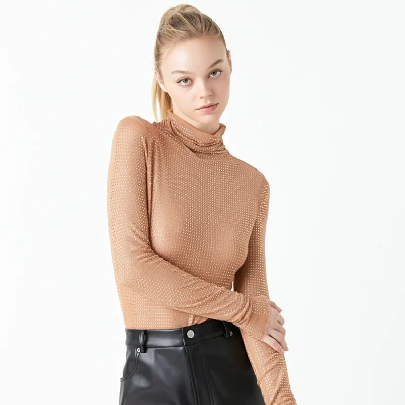 Rhinestone Mesh Bodysuit Trendy High-Neck Bodysuit