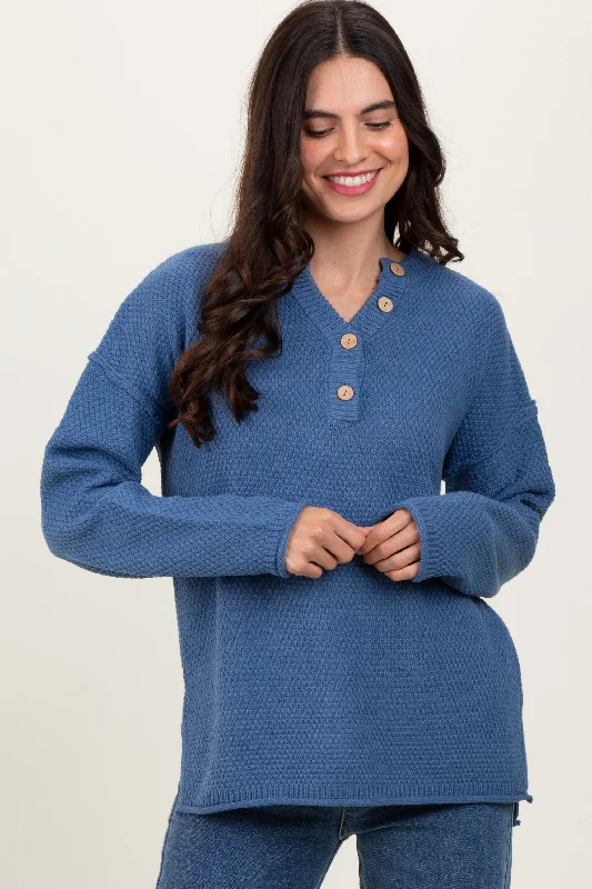 Denim Diamond Knit Button Detail Sweater Tailored Straight A-Line
