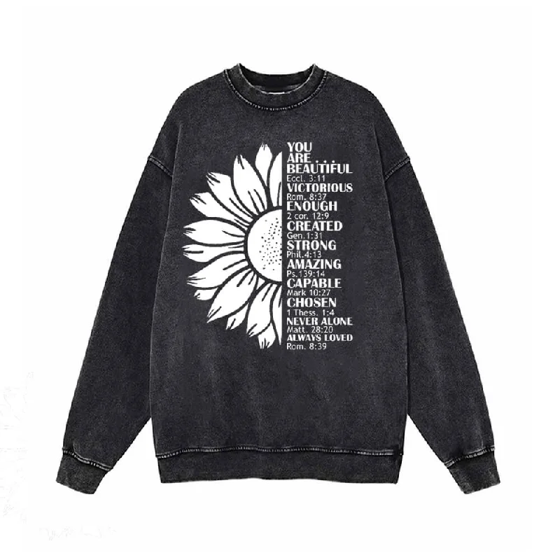 Half Flower You Are Beautiful Vintage Washed Sweatshirt Hoodie with Slit Hem Functional Movement
