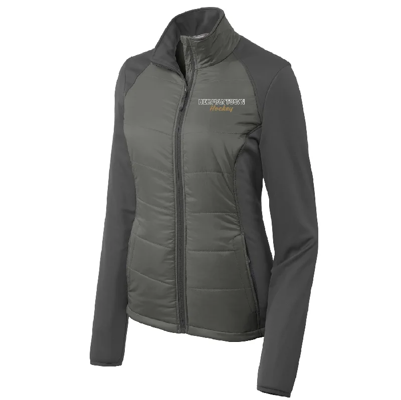 HAHA Script Women's Hybrid Soft Shell Jacket Boat Neck Shawl Collar Notched Collar