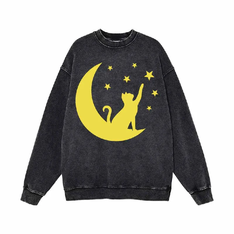 Lively Cat and Moon Star Vintage Washed Sweatshirt Hoodie with Monochrome Minimalist Simple
