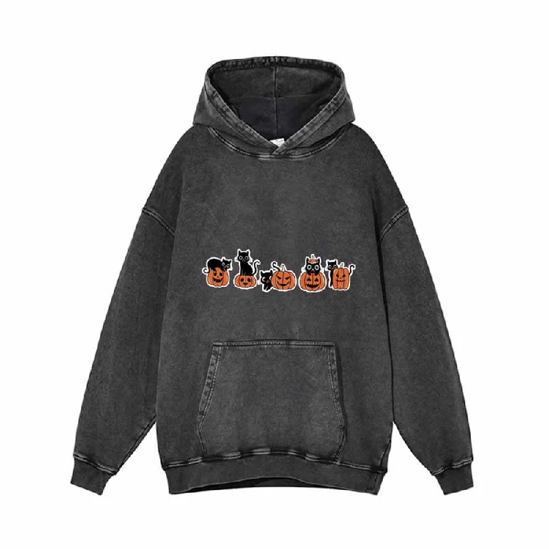 Black Cat Pumpkin Head Vintage Washed Hoodie Hoodie with Drop Shoulder Relaxed Streetwear