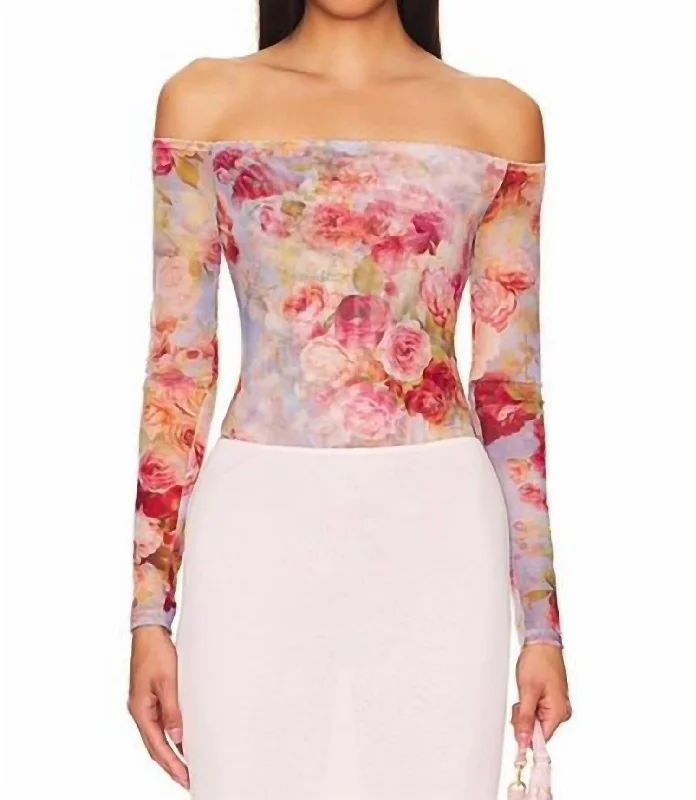 Peonie Off-The-Shoulder Bodysuit In Multi Cloud Floral Trendy Seamless Bodysuit for Comfort
