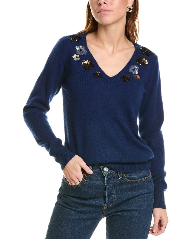 Sofiacashmere Sequin Embellished V-Neck Cashmere Sweater Polka Dot Checkered Tartan
