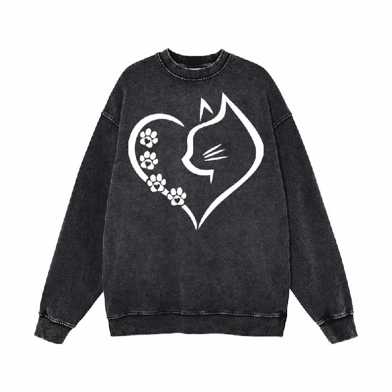Cat In Heart Pattern Vintage Washed Sweatshirt Hoodie with Hem Patch Decorative Personalized