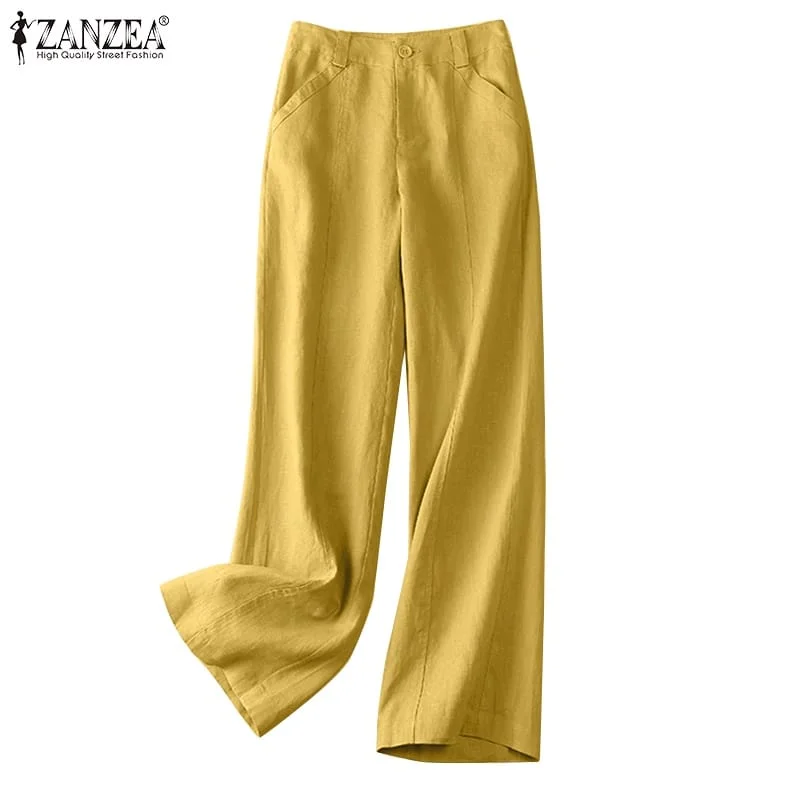 Women's Cotton Linen Long Pants ZANZEA 5XL S4592590 Fashionable Button-Up Pants