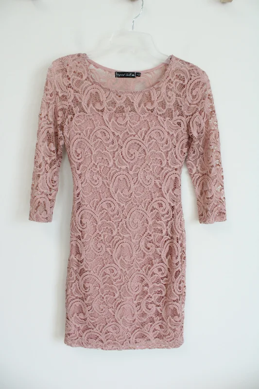 Crystal Doll Pink Lace Overlay Long Sleeved Dress | S Tunics Yoga stretchy