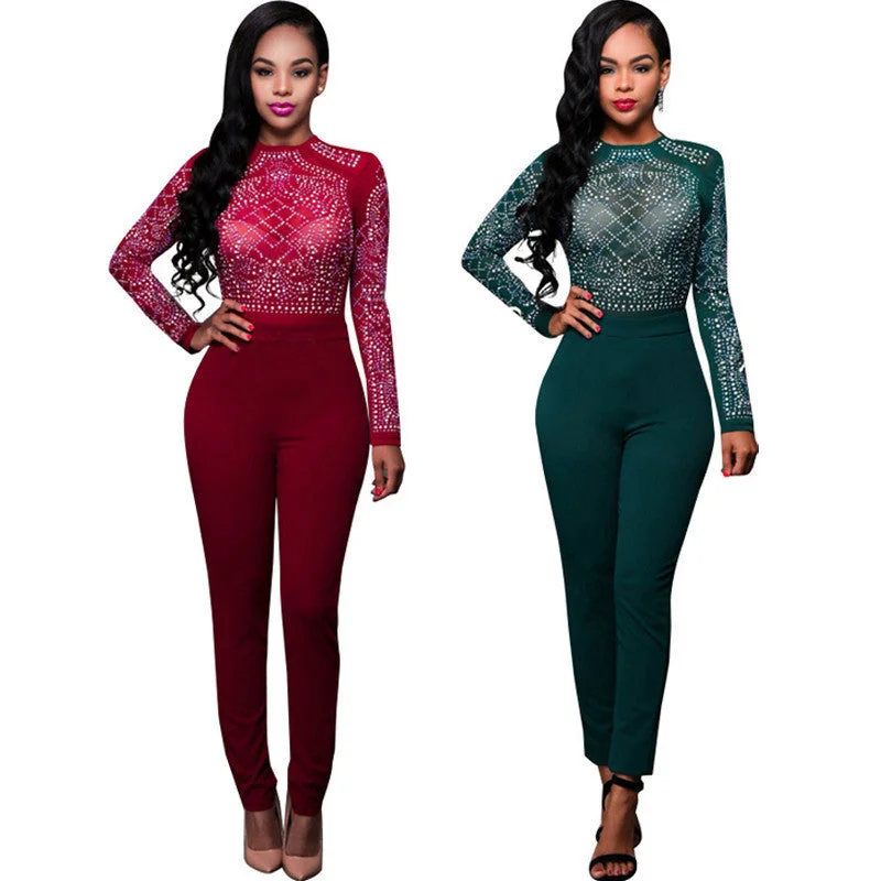 Rhinestone Elegant Women Jumpsuit See Through Mesh Bodysuit Fashion Long Sleeve Clubwear Female Rompers Stylish Faux Leather Bodysuit