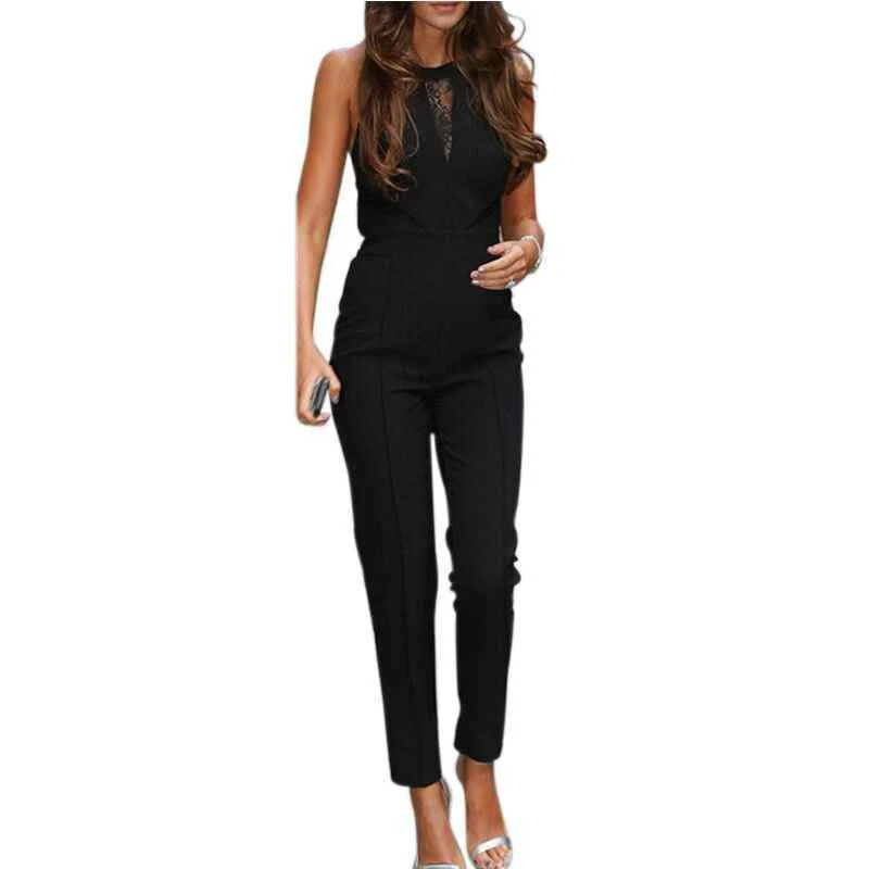 Elegant Rompers Women Jumpsuit Fashion Bodysuit Sleeveless Lace Patchwork Romper Playsuits Long Pants Plus Size Comfortable Velvet Bodysuit