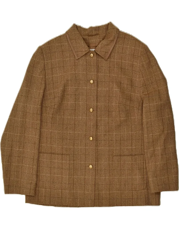 HENSEL Womens 5 Button Blazer Jacket UK 20 2XL Brown Check Wool Faux Fur Jacket Real Fur Jacket Shearling Jacket