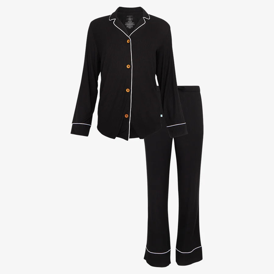 Posh Peanut Solid Ribbed Black Women's Long Sleeve & Relaxed Long Pajama Pants Comfy Zip-Up Pants