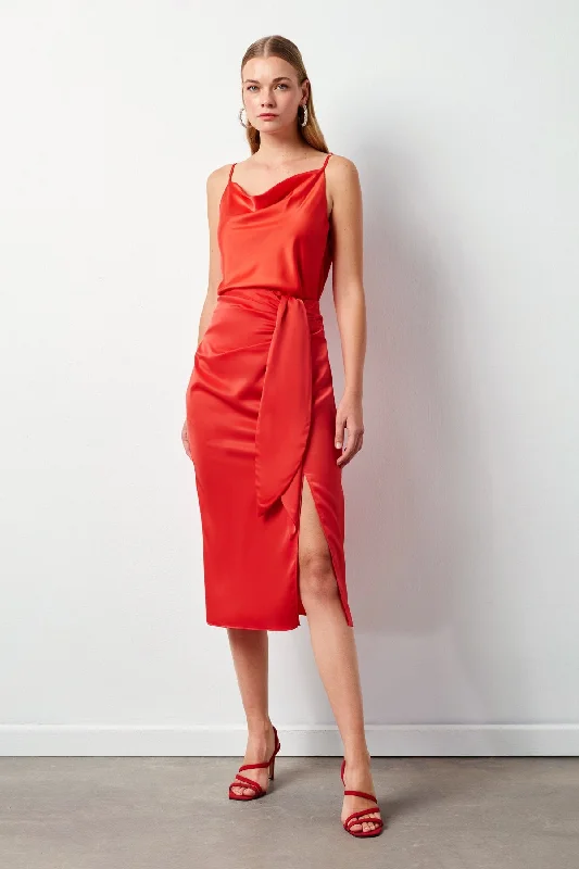 Tied Satin Skirt - Coral linen skirt airy