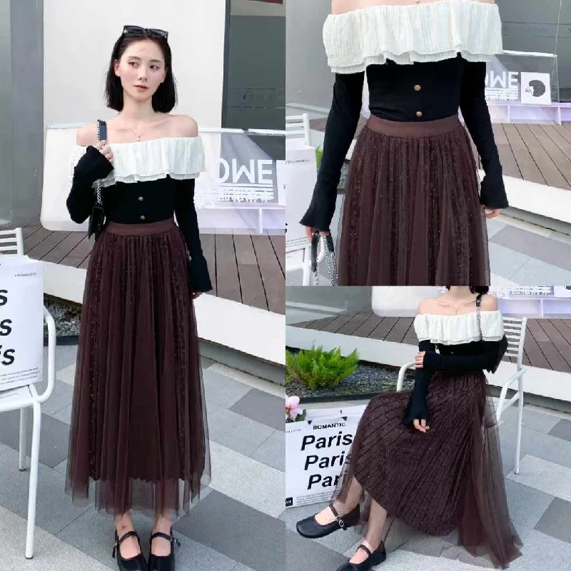 Pleated Tulle Midi Skirt with Velvet Lining - Brown lace skirt feminine