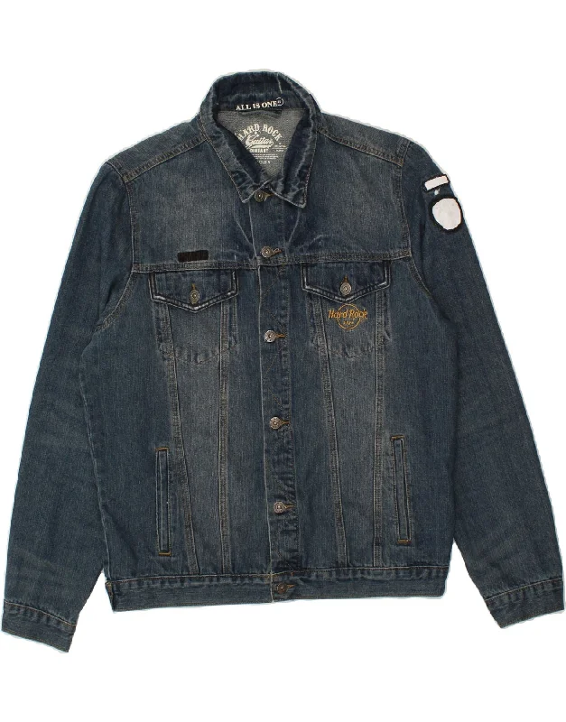 HARD ROCK CAFE Womens Denim Jacket UK 18 XL Blue Cotton Welt Pockets Slit Pockets Flap Pockets