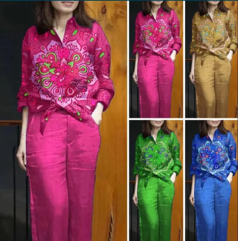Casual Tracksuit women Summer Outfits Printing Regular Sleeve Top Wide Leg Pant Sets Female Clothes 4XL B-56112 Classic Pleated Pants