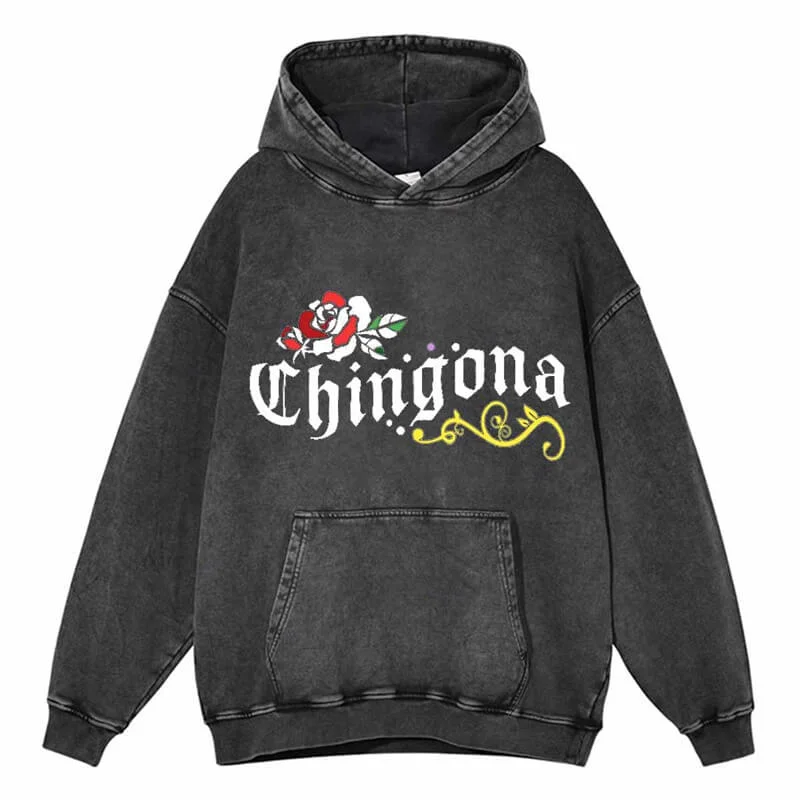 Vintage Washed Chingona Rose Hoodie Hoodie with Hem Applique Textured Unique