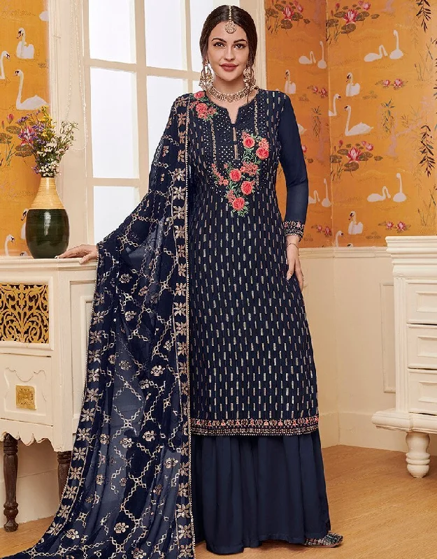 Navy Blue Blooming Foux Gourgette Palazzo Dress Tunics Hiking breathable