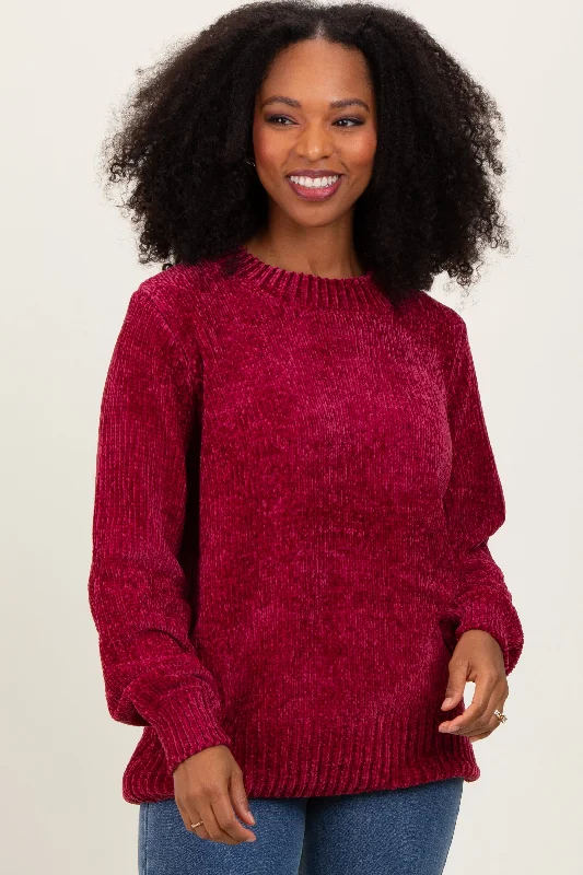 Burgundy Chenille Knit Balloon Sleeve Sweater Wool Fabric Cashmere Fabric Tweed Fabric
