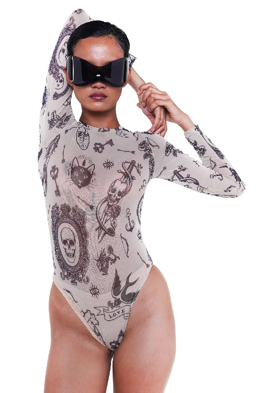 FRANKIE BODYSUIT - TATTOO PRINT Elegant Halter Neck Bodysuit