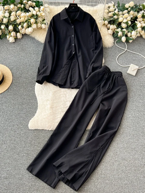 2 Pcs Women's Long Sleeve Solid Color Pants Set XL 452785 Stylish Elastic Waist Pants