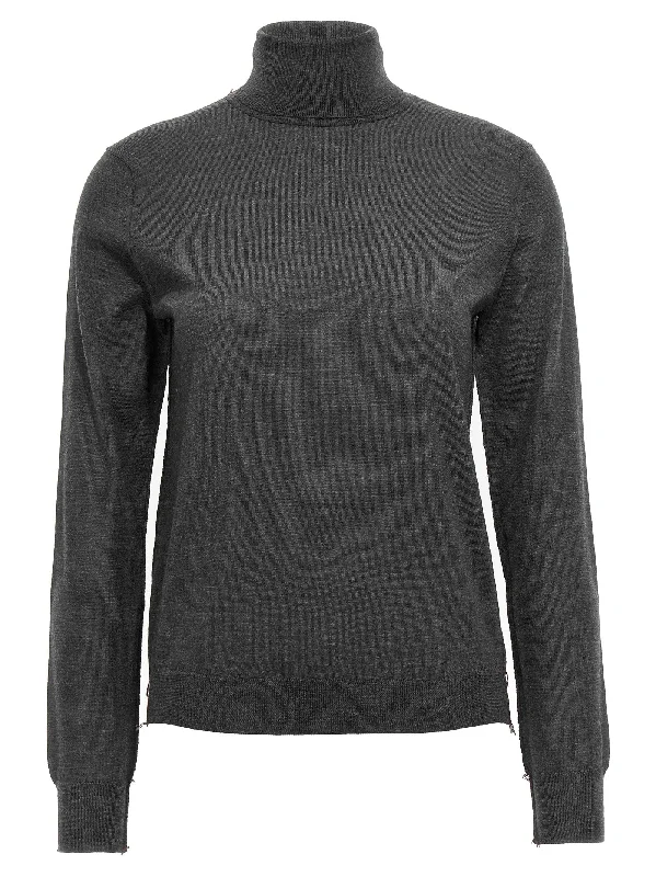 Stitching Wool Turtleneck Sweater Front Pockets Side Pockets Patch Pockets