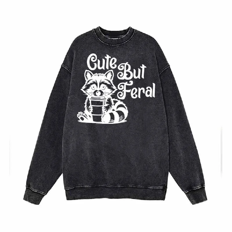 Cute But Feral Raccoon Print Vintage Washed Sweatshirt Hoodie with Logo Branding Identity