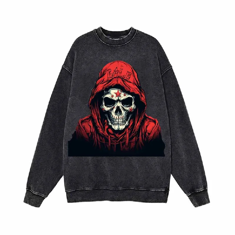 Red Hoodie Skeleton Pattern Vintage Washed Sweatshirt Hoodie with Frayed Bohemian Relaxed