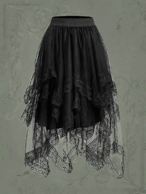 Victorian Witch PLUS Contrast Lace Mesh Overlay Skirt a-line skirt cut