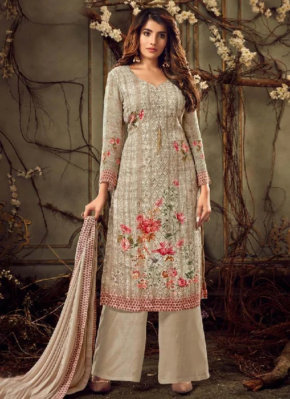 Beige Pure Viscose Bemberg Georgette Palazzo Dress Tunics Solid Classic