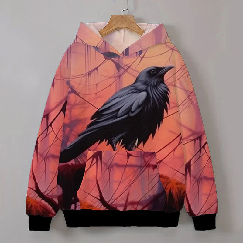 Crow Pattern Casual Cotton Blend Hoodie Hoodie with Set-In Sleeves Structured Classic