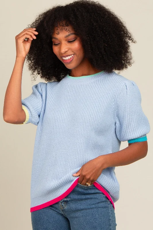 Light Blue Contrast Band Sweater Nylon Fabric Polyester Fabric Spandex Fabric