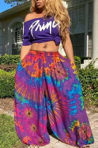 Boho Purple Rainbow Burst Multicolor Tie Dye Harem Pants Stylish Slim Trousers