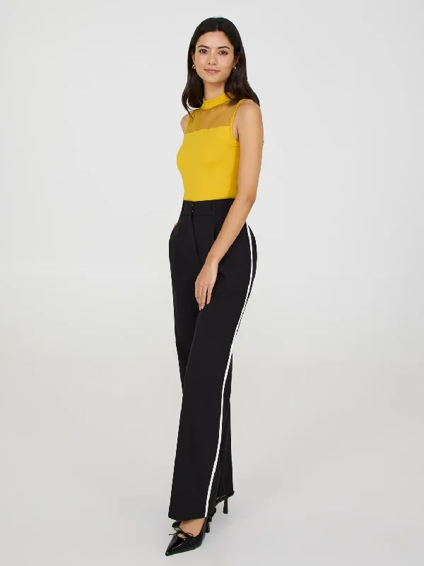 Contrast Piping Wide-Leg Pants Stylish Paperbag Waist Pants