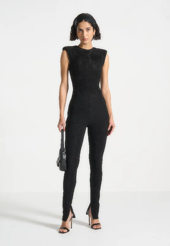 Wide Shoulder Suede Bodysuit - Black Trendy Bodysuit with Halter Neckline