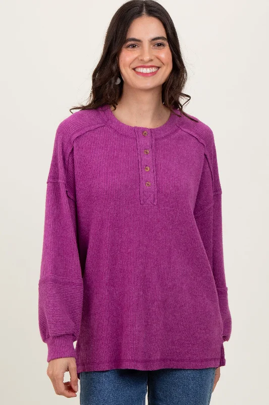 Plum Oversized Ribbed Knit Henley Sweater Zippered Buttoned Snapped