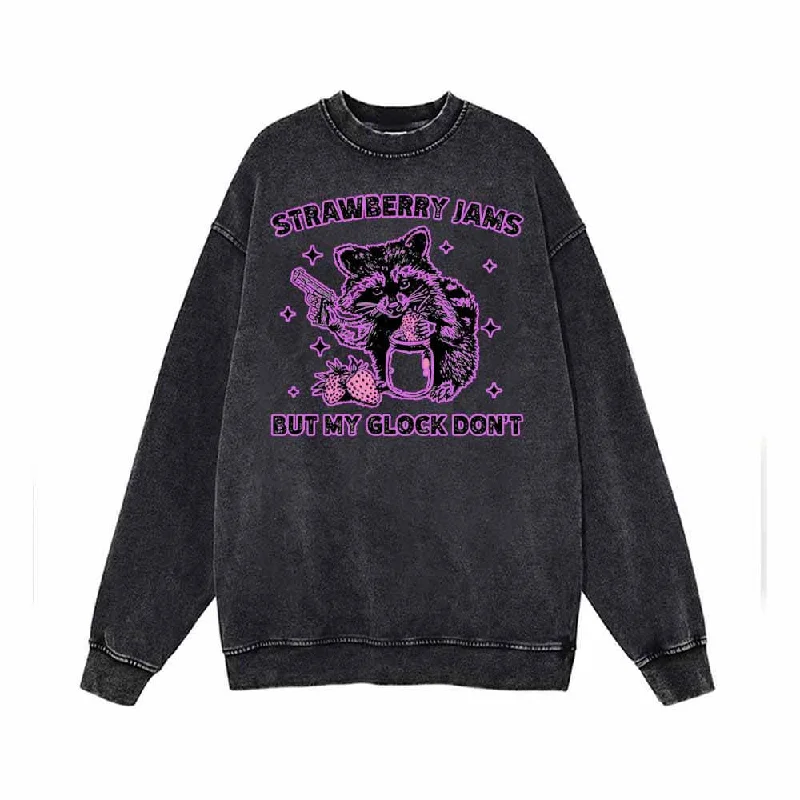 Strawberry Jams Funny Gunner Raccoon Print Sweatshirt Hoodie with Mock Neck Collared Structured