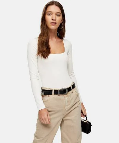 Square Neck Longsleeve Bodysuit Ivory Comfortable Lace Bodysuit