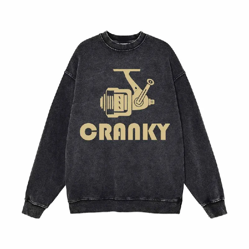 Cranky Fishing Reel Funny Vintage Washed Sweatshirt Hoodie with Typography Text Message