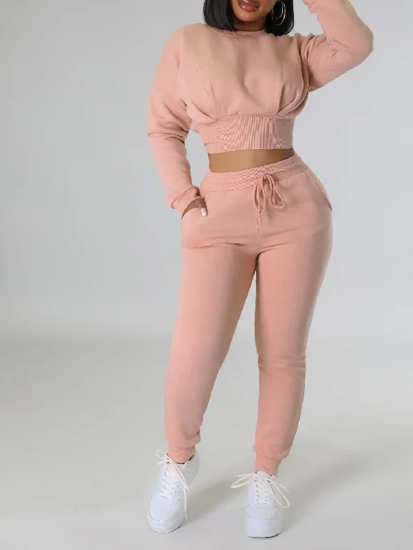 2 Pcs Women's Long Sleeve Solid Color Pants Set XL 444965 Trendy High-Waist Trousers