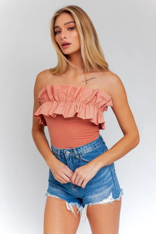 Strapless Ruffle Bodysuit Trendy High-Neck Bodysuit