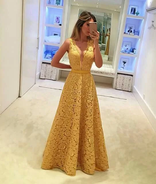 A-line V Neck Yellow Prom Dress, Lace Prom Dress   cg15704