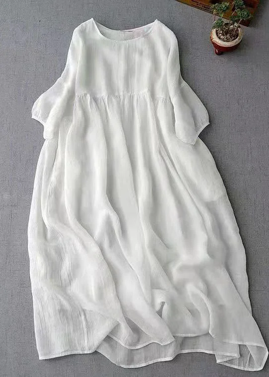 Modern White O-Neck Patchwork Linen Long Dresses Half Sleeve