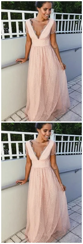 Glamour V-neck Pink Short Sleeves Floor-Length Lace Prom Dress  cg8989
