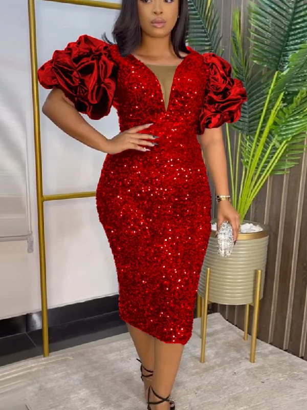 Women Shiny Sequin Dresses V Neck Puff Sleeve Vintage Dress