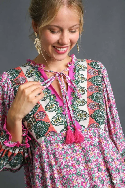 Border Print Ruffle V-Neck w/Tassel Tie Dress
