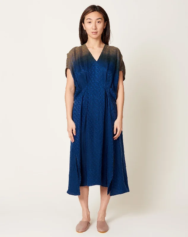 Voda Dress in Moss Indigo Silk Jacquard