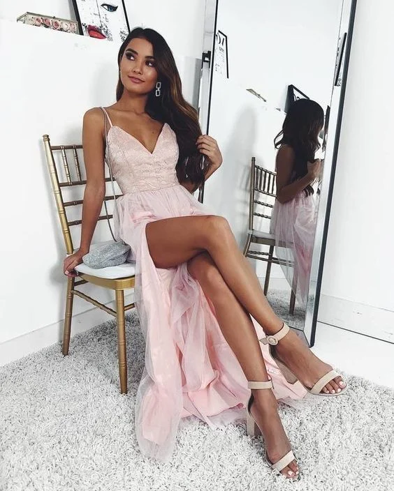 Fantasy V-Neck Pink Tulle Lace Prom Dress,Long Evening Dress   cg6087